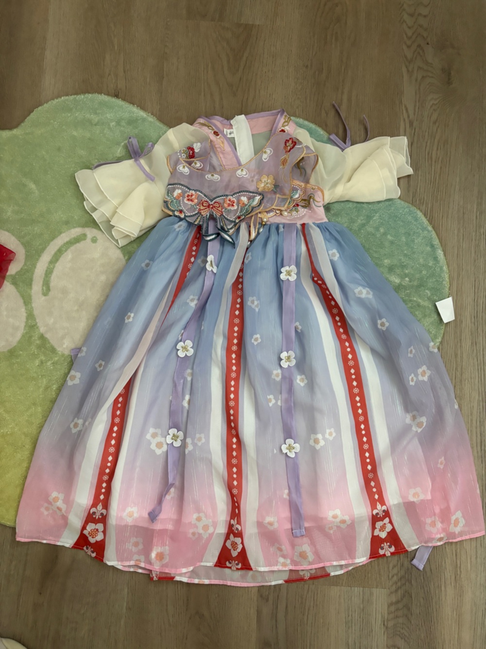 Pastel Floral Ombre Dress with Red Stripe Accents